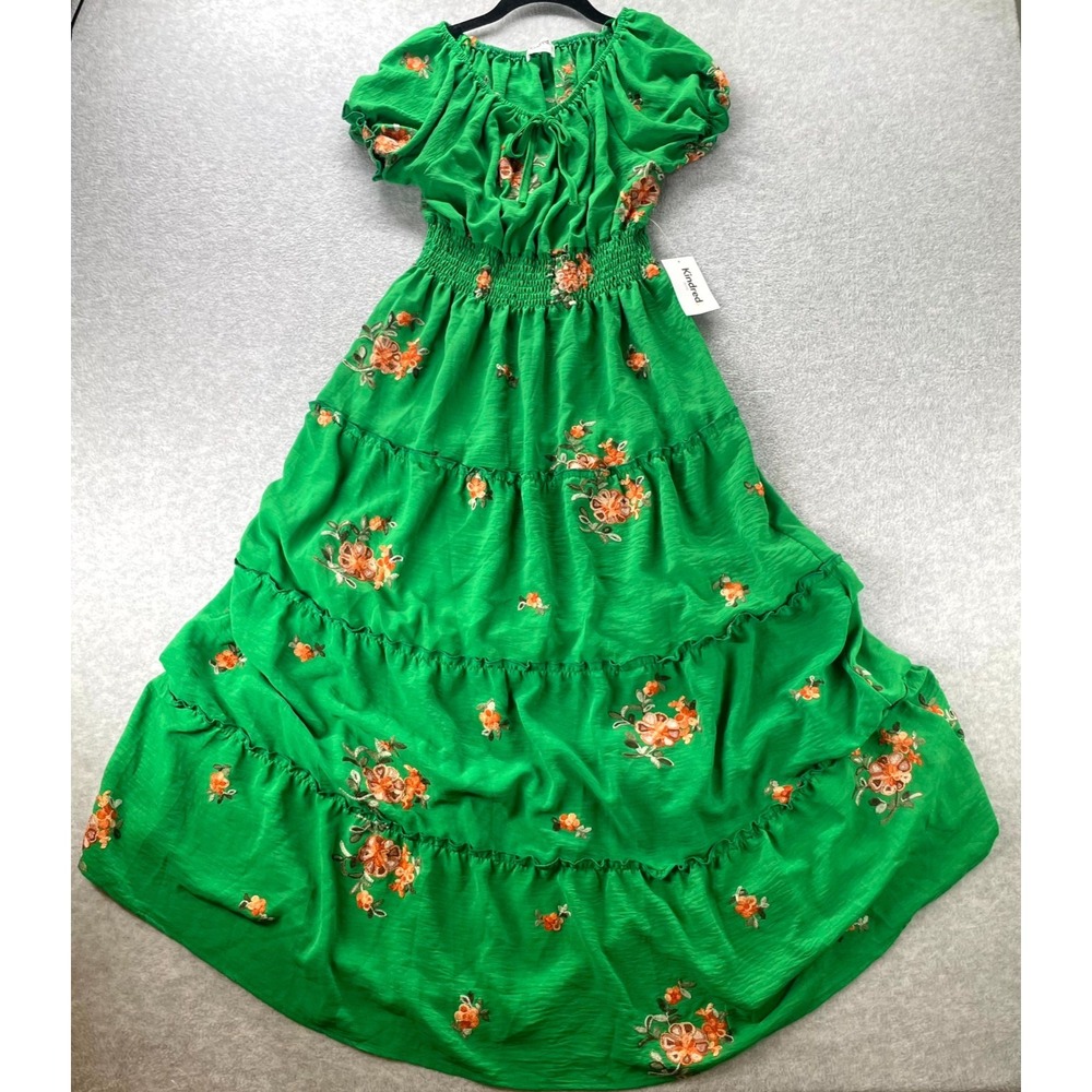 Kindred Maxi Dress Womens Large Petite Green Floral Embroidered Tiered Smocked
